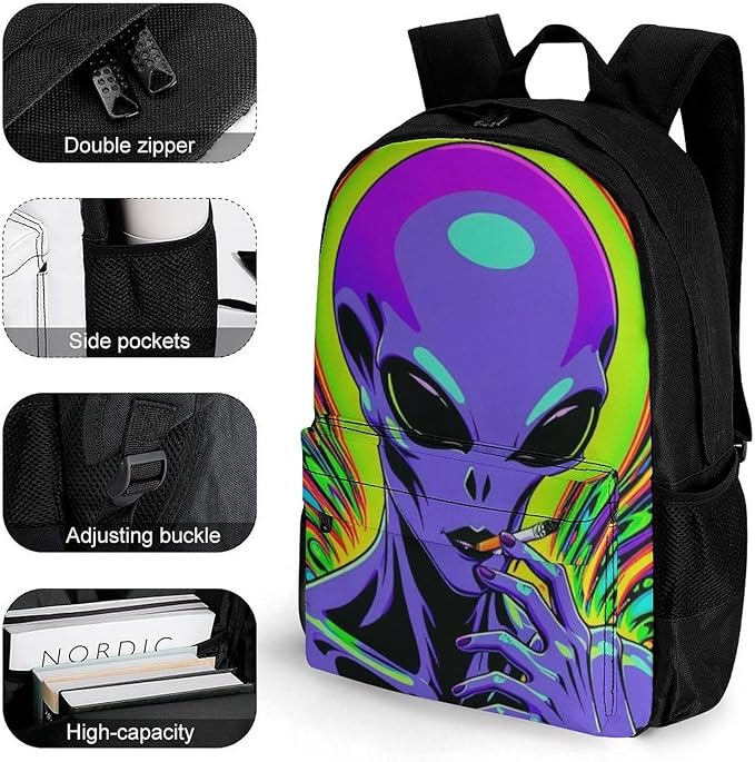 Backpack Polyester Multipurpose Anti-Theft Trippy Alien Art Shoulder Bag Big Capacity Gym Outdoor Hiking Backpack With Padded Straps