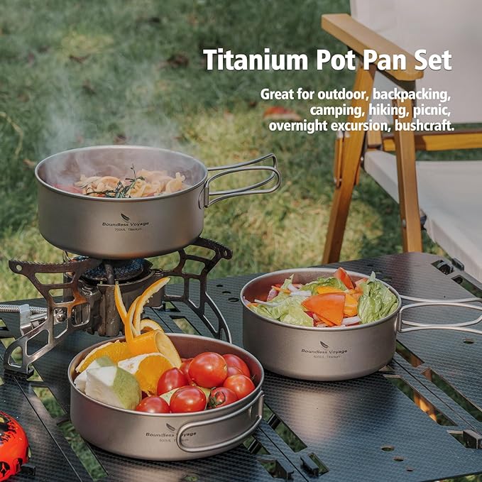 Boundless Voyage Titanium Pots Pans Set Camping Cookware 500ml 600ml 700ml Bowls Outdoor Portable Lightweight Stackable Cooking Kit with Folding Handle 3 Pieces Set Tableware for 1-3 Person Ti2032C