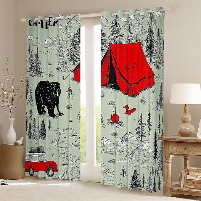 Feelyou Green Camper Camping Curtains for Bedroom Living Room Rustic Farmhouse Bear Blackout Darkening Drapes Happy Camping Window Treatments, 2 Panels 42 x 90 Inch Room Decor