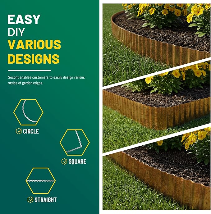 Corrugated Metal Garden Edging, 10"×10Ft Durable Landscape Border for Garden, Lawn, Flower Beds and Paver Edging (Rusty)