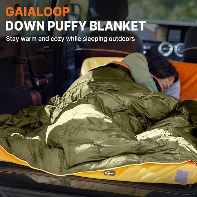 Down Puffy Blanket for Car Camping Outdoor Travel Backpacking, Duck Down Lightweight Portable Soft Warm Cozy Camping Blanket Quilt, 53"x78", Olive Green