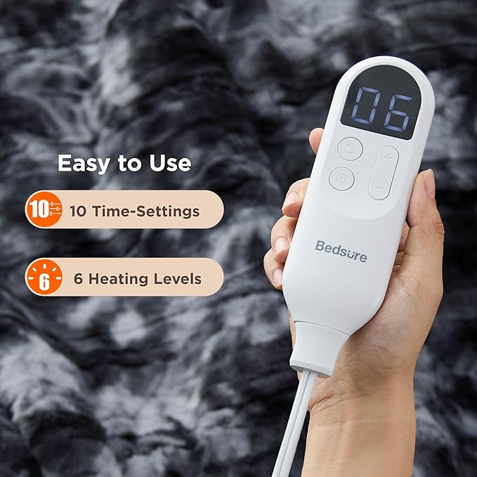 Bedsure Faux Fur Heated Blanket Full Size, Fast Heating Electric Blanket Full Size with 6 Heating Levels & 10 Time Settings, Cozy Gifts for Women Men (72x84 inches, Black)