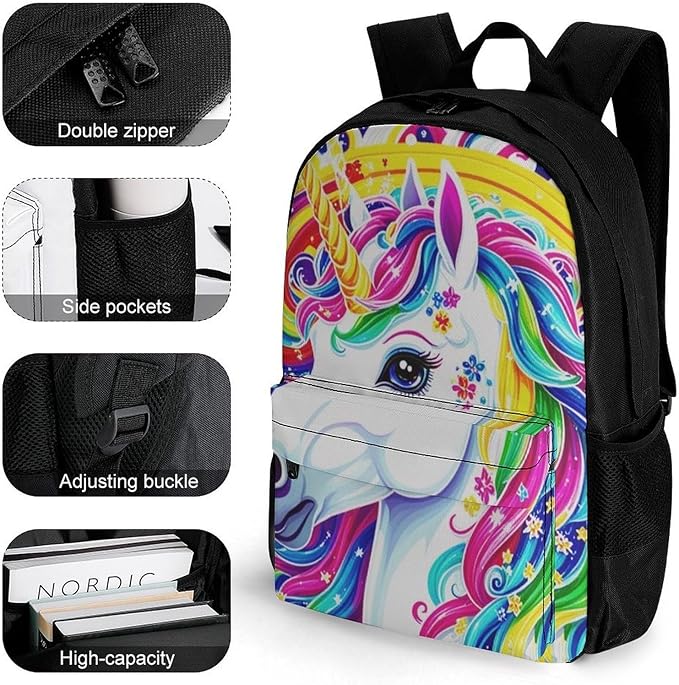Men Women Polyester Colorful Rainbow Unicorn Daypack Big Capacity Shoulder Bag With Adjustable Shoulder Straps for Camping Travel Walking Cycling