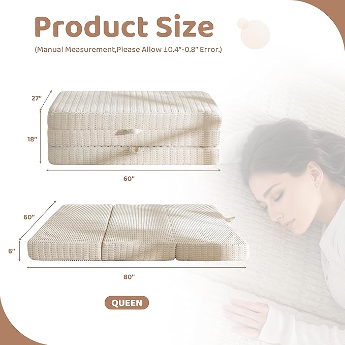 BYBYME Memory Foam Tri-Folding Mattress, 6 Inch Gel Folding Mattress Topper, Foldable Soft Guest Bed Camping Pad, with Washable Cover