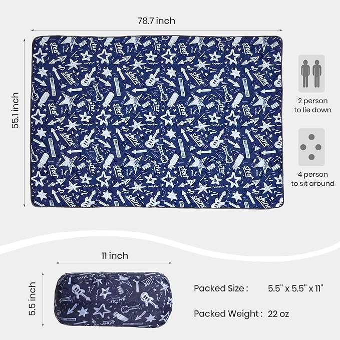 Waterproof Outdoor Blanket, 79" x 55" Large Packable Picnic Blankets, Foldable Picnic Mat for Park, Lawn, Grass, Beach, Concert (Star and Guitar)