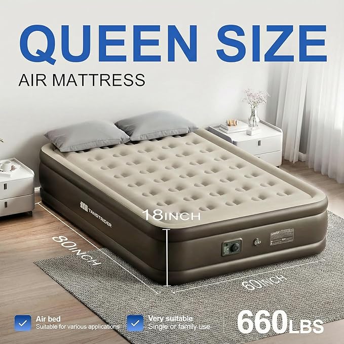 Queen Air Mattress with Built in Pump,18" Raised Blow up Air Bed,3 Mins Quick Self-Inflation/Deflation, Inflatable Mattress for Camping/Home/Guests/Travel (Brown)