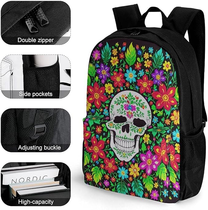 Rucksacks Polyester Anti-Theft Multipurpose Mexican Sugar Skulls Day Of The Dead Flowers Carry On Bag Large Capacity Gym Outdoor Hiking Backpack With Smooth Zippers