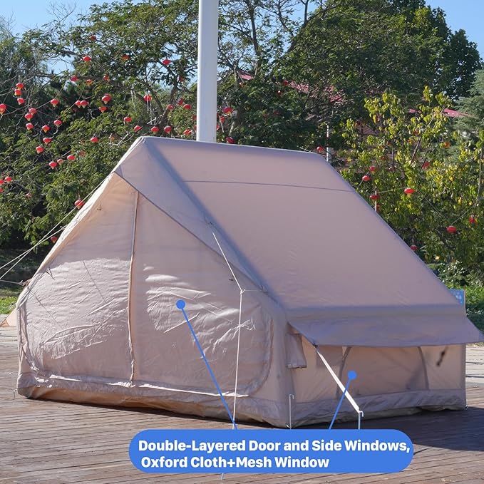 Inflatable Tents for Camping with Pump, Air Glamping Tents, Easy Setup 10 * 6.9ft Waterproof Blow up Tent, 2-4 People Oxford Cabin Tent with Mesh Window.