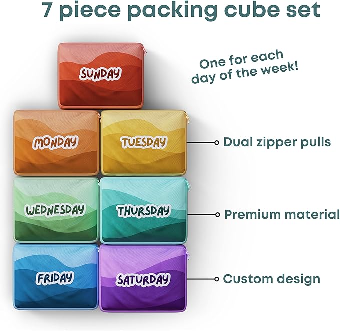 Packing Cubes for Kids & Baby Days of the Week 7 Set Daily Outfit Suitcase Organizers for Boys and Girls Summer Camp, Cruise, and Family Vacation (Small)