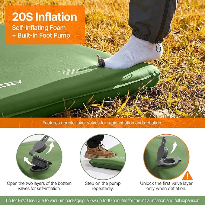 OGERY Upgraded Memory Foam Sleeping Pad with Washable Cover, 3" Self-Inflating Camping Mattress with Built-in Foot Pump, Non-Slip Quiet Sleeping Mat Camping Essentials Gear for Tent Travel Car