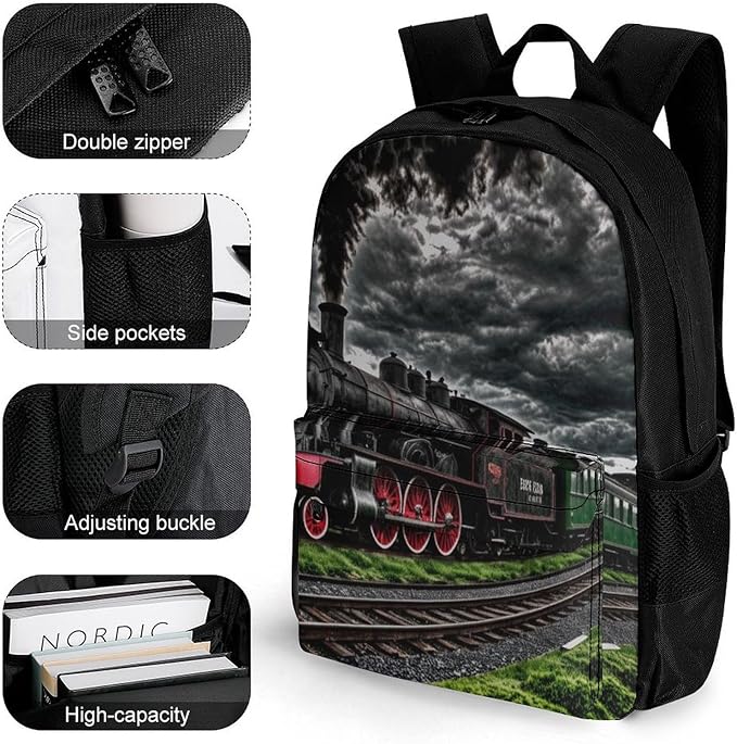 Polyester Daypack Backpack for Sports Travel Running, Big Capacity Anti-Theft Multipurpose Carry On Bag, Old Train Dark Sky Laptop Book Bag Rucksack