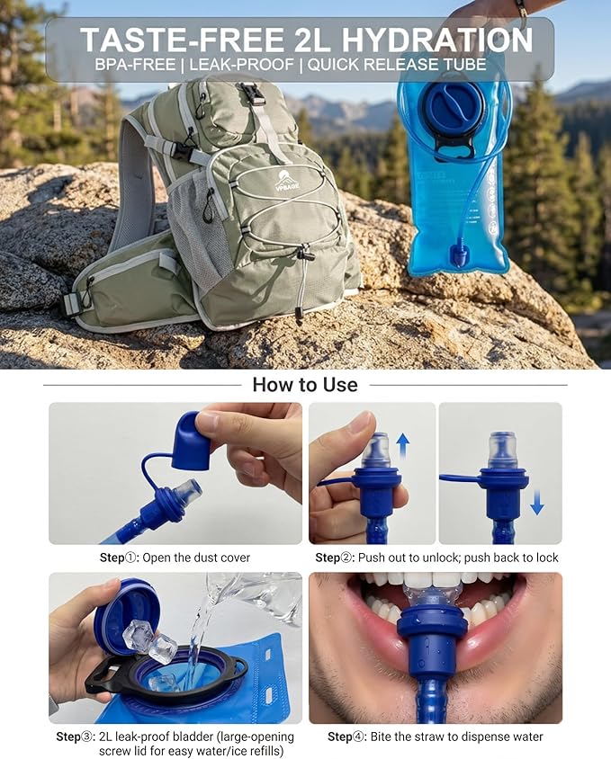 Hydration Backpack with 2L Bladder – Thermal Insulated Water Pack for Hiking, Skiing, Running – Lightweight Daypack for Men & Women, Soft-Lined Sunglasses Pocket & Large Waist Pockets
