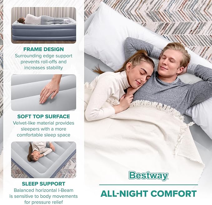 Bestway Tritech, Sized 20" Thick Durable Comfortable Mattress Pad for Portable Relaxation with Built-in AC Pump and Storage Bag