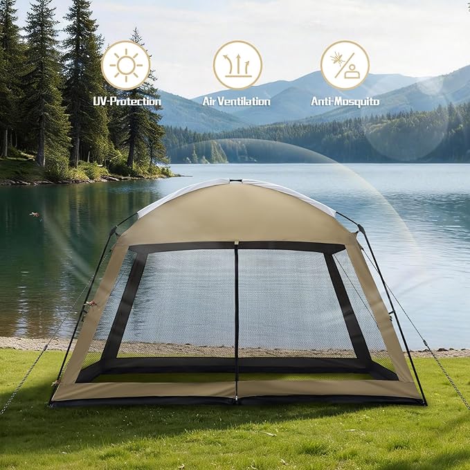 12 x 12 FT Camping Screen Tent for 8-10 Person, Easy Setup Screen House with UV 50+ Sun Protection & Mosquito Net for Camping, Backyard, Picnic, Patio Outdoor Kakhi