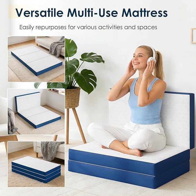 sogesfurniture Queen Size Tri-Fold Mattress，6 inch Folding Mat with Memory Foam & Cooling Gel for Travel & Camping & Yoga, Cover Washable Foldable Mat, CertiPUR-US Certified，White and Bliue