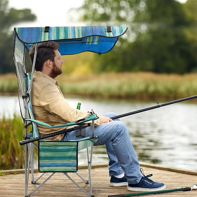 Elevon Camping Chair, Oversized Folding Chair with Canopy, Portable Outdoor Chair with Arms, Cup Holder and Carry Bag for Camping, Fishing, Beach, and Sports, Turquoise