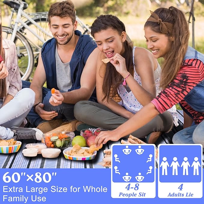 Oversized Waterproof Picnic Mat, Outdoor Beach Mat. Suitable for Camping, Outdoor, Beach, Party and Concert. (Dark Green & Light Blue, 80" * 60")