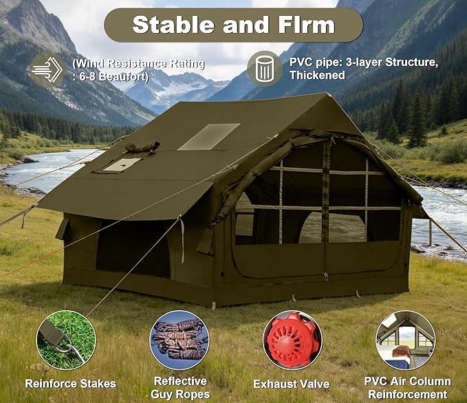 Inflatable Tents for Camping with Stove Jack, 2/4/6/8 Person Easy Setup Blow Up Tents for 4 Seasons Waterproof Inflatable Camping Tent with Awning, Air House Glamping Tents for Camping Adult