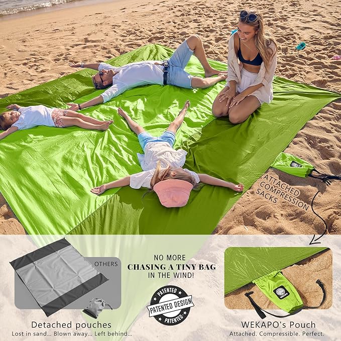WEKAPO Beach Blanket Sandproof Waterproof, Extra Large Beach Mat, Oversized & Compact Sand Free Mat Quick Drying, Lightweight & Durable with Stakes & Corner Pockets