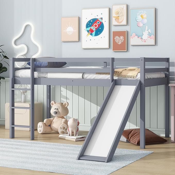 KEIKI Twin Size Low Loft Bed, Slide & Ladder, Guardrails, Rubber Wood, Grey