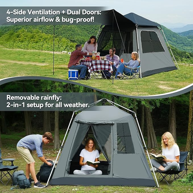 Instant Pop-Up Camping Tent with Removable Sunshade - 3-4 Person Dome Tent with UV Protection & Ventilation, Waterproof Windproof for Beach, Hiking, Outdoor.