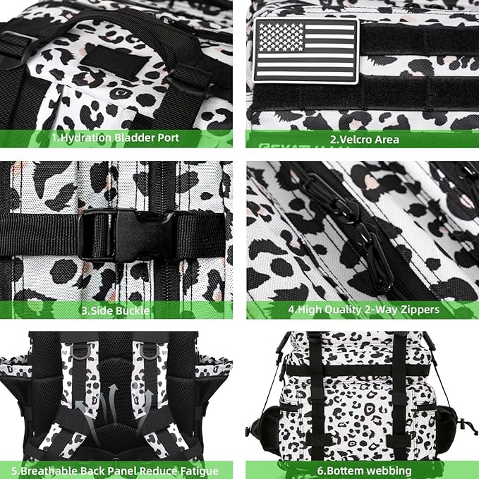 Military Tactical Backpack 55L for Men & Women Bug Out Bag Assault pack Molle Daypack Hiking Trekking Rucksack (Leopard print color)