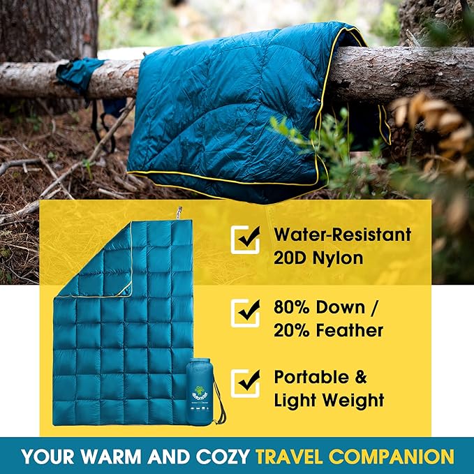 4Monster Down Camping Blanket - Outdoor Travel Quilt Puffy 650 Fill, Packable, Lightweight,Wind & Waterproof | Ideal for Stadium, Backpacking,Picnics, Beach and Hiking
