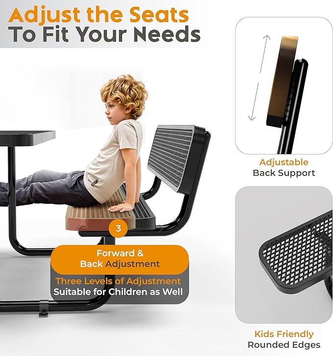 Metal Picnic Furniture for Outdoors with Umbrella Hole - Coated Steel Heavy Duty Commercial Grade Table with Adjustable Seats, Patio Set for a Lifetime (Black, 6' Rectangular with Back)