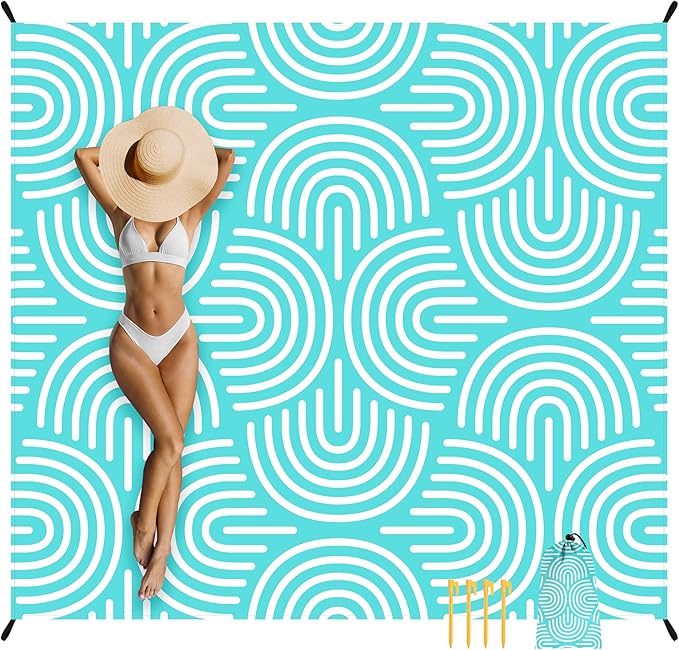 Beach Blanket Waterproof Sandproof, 9 Ft X 10 Ft Extra Large Sand Free Beach Mat, Big Compact Lightweight Quick Drying Picnic Blanket with 4 Stakes & Pockets for Camping, Travel, Hiking