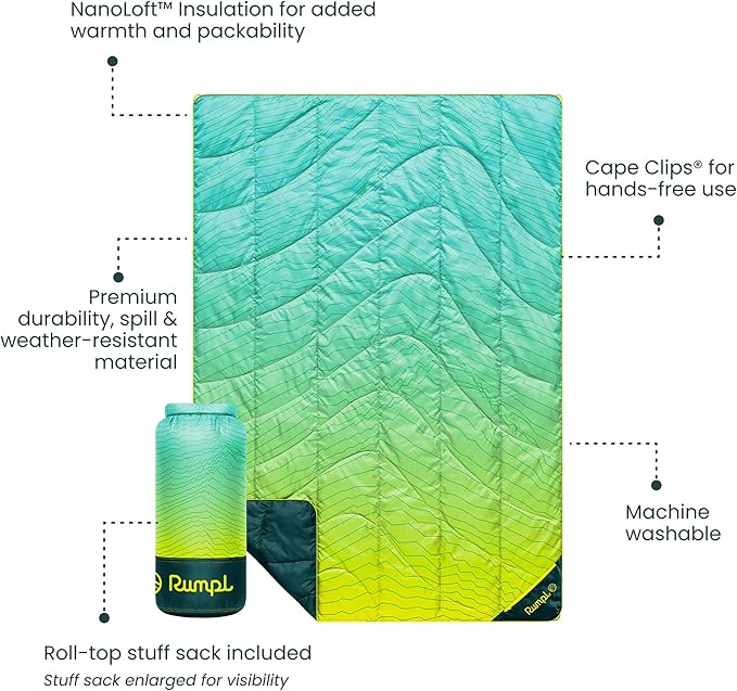 Rumpl Backcountry Puffy Blanket - Packing Comfort Into Uncomfortable Places, 100% Recycled Polyester Insulation, Lightweight, Packable, Water Resistant, 52" x 75", Ridge Lines