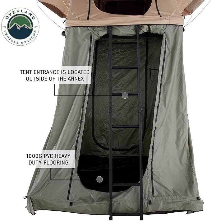 Overland Vehicle Systems LD TMBK Roof Top Tent Annex Green Base with Black Floor & Travel Cover - 420D Polyester Oxford Waterproof Material -1000g PVC Based Floor