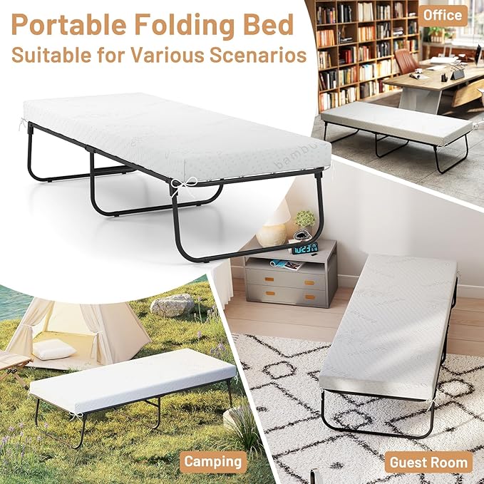 GOFLAME Folding Bed with Mattress Cot Size, 75” x 31” Rollaway Guest Bed Foldable with Memory Foam & Sturdy Metal Frame, Portable Roll Away Beds for Adults for Living Room, Office