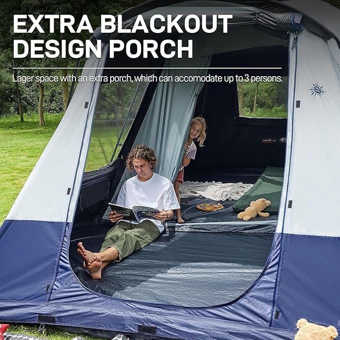 EVER ADVANCED 8 Person Blackout Design Cabin Tent, Camping Family Tent with Multi Room & Extra Porch and Rainfly, 2 Rooms Huge Portable with Carry Bag, Blue