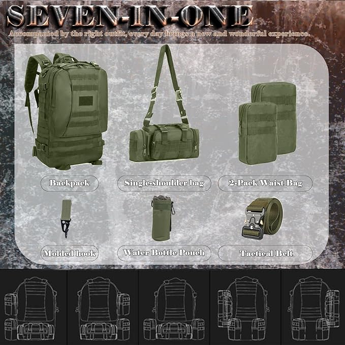 60L Tactical Backpack Military 3-Day Assault Pack, Waterproof Molle System Rucksack with Detachable Bag, Survival Bug Out Backpack for Men & Women(ArmyGreen)
