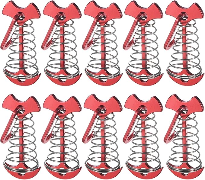 Fishbone Deck Anchor Pegs with Buckles [10PCS] - Aluminium Tent Stakes with Spring Buckle Use for Camping & Hiking - [Red] Windproof Tie Down Tent Stakes