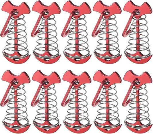 Fishbone Deck Anchor Pegs with Buckles [10PCS] - Aluminium Tent Stakes with Spring Buckle Use for Camping & Hiking - [Red] Windproof Tie Down Tent Stakes