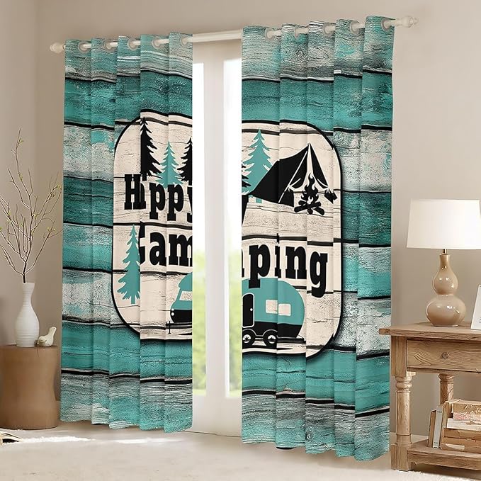 Erosebridal Camper Window Curtains 42" Wx84 L Happy Camping Blackout Curtains for Bedroom Living Room,Country Camping Adventure Window Treatments Sketch Drawing Wooden Farmhouse Drapes Decor 2 Panels