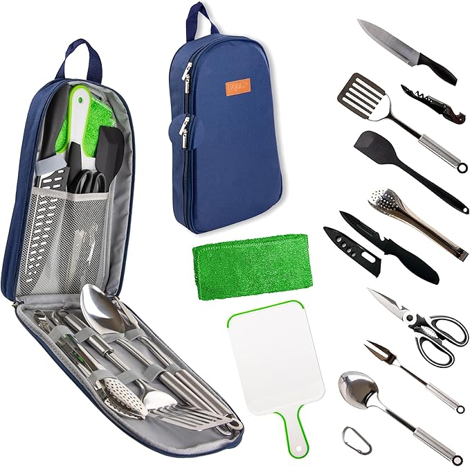 12 Pcs Camp Cooking Utensil Set & Outdoor Kitchen Gear Cookware Kit, Portable Compact Carry Case for Camping, Hiking, Travel, BBQ Grilling Stainless Steel Accessories Spoon & Fork, Navy