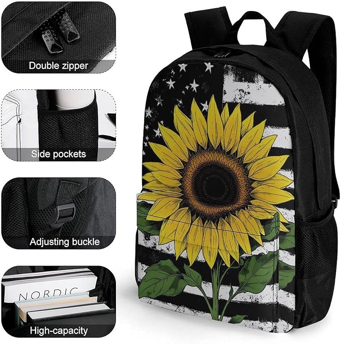 Supdreamc Lightweight Daypack for Camping Business Walking Cycling, Large Capacity Anti-Theft Multipurpose Bookbag, American Thin Black Line Flag Sunflower Art Gym Outdoor Hiking Backpack