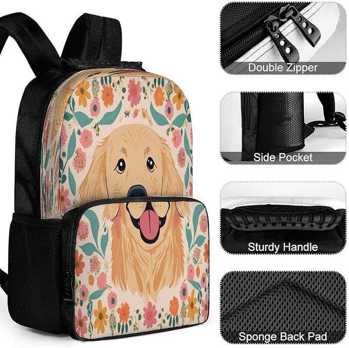Rucksacks Polyester Anti-Theft Multipurpose Golden Retriever Floral Dogs Carry On Bag Large Capacity Gym Outdoor Hiking Backpack With Smooth Zippers