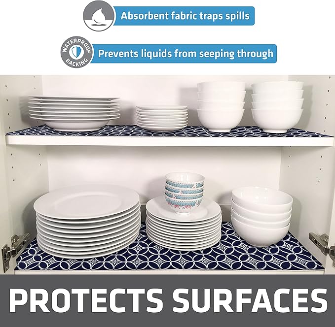 Drymate Premium Luxury Shelf & Drawer Liner, Thick Cushioned Fabric, Non-Adhesive, Absorbent, Waterproof, Slip-Resistant, Liners for Kitchen Cabinets, Cupboards (USA Made)(12”x59”)(2-Pack)(Indigo)