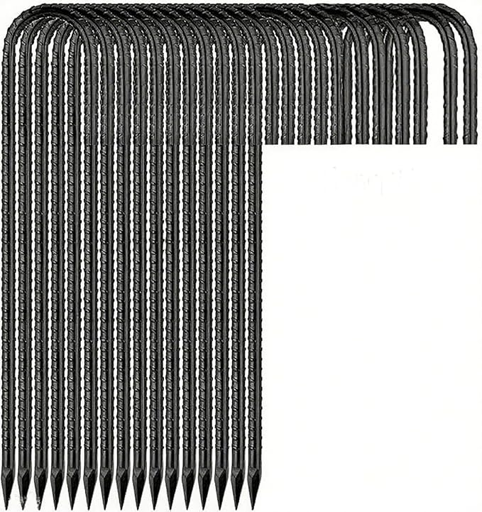 Heavy Duty Ground Stakes, 16 Inch J Hook Stakes, 10 Pack, 5/16 Inch Diameter, Carbon Steel Tent Stakes for Chain Link Fence, Trampoline, Lawn Decorations (J-Shape-Black, J-16 * 5/16"-16PCS)