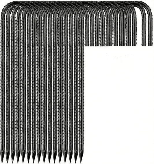 Heavy Duty Ground Stakes, 16 Inch J Hook Stakes, 10 Pack, 5/16 Inch Diameter, Carbon Steel Tent Stakes for Chain Link Fence, Trampoline, Lawn Decorations (J-Shape-Black, J-16 * 5/16"-16PCS)