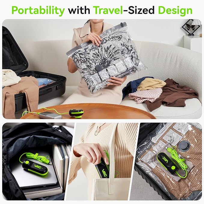 12 Pack Vacuum Travel Bags with Pump for Clothing with USB and TYPE C Pump,Carry-on Size Space Saver vacuum seal bags for clothing Storage Bags for Vacation Cruise（Green）