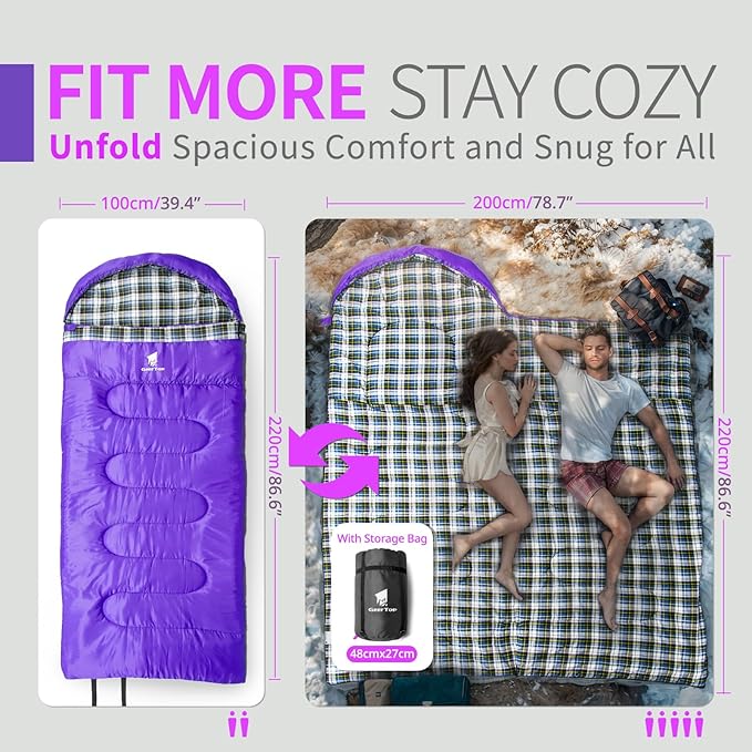 GEERTOP Flannel Sleeping Bags for Adults Big & Tall People Portable Cold Weather Envelope XXL All Seasons Camping Sleeping Bag