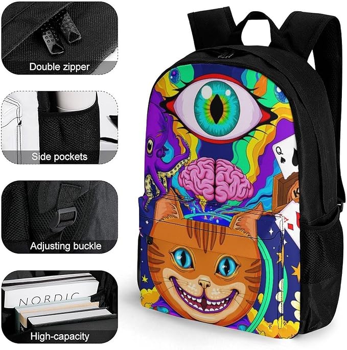 Supdreamc Rucksack Polyester Anti-Theft Multipurpose Acid Trip Colors Trippy Cat Eye Octopus Art Bookbag Big Capacity Travel and Sport Backpack Rucksack With Side Pockets