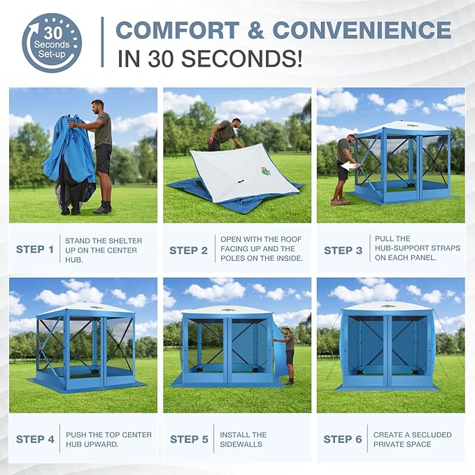 COBIZI 6x6FT Pop Up Gazebo Screen Tent Screen House for Camping, Screen Room with Sidewalls and Mosquito Netting, Hub Tent Instant Screened Canopy with Carrying Bag and Ground Stakes, Blue