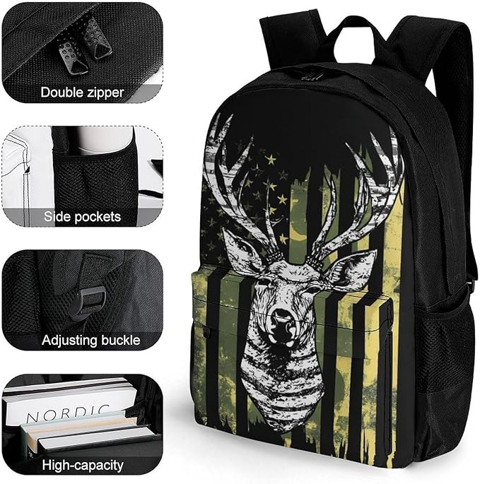 Lightweight Rucksacks for Camping Picnic Walking Cycling, Large Capacity Multipurpose Anti-Theft Carry On Bag, Camouflage American Flag Hunting Camo Deer Black Travel Hiking Camping Rucksack
