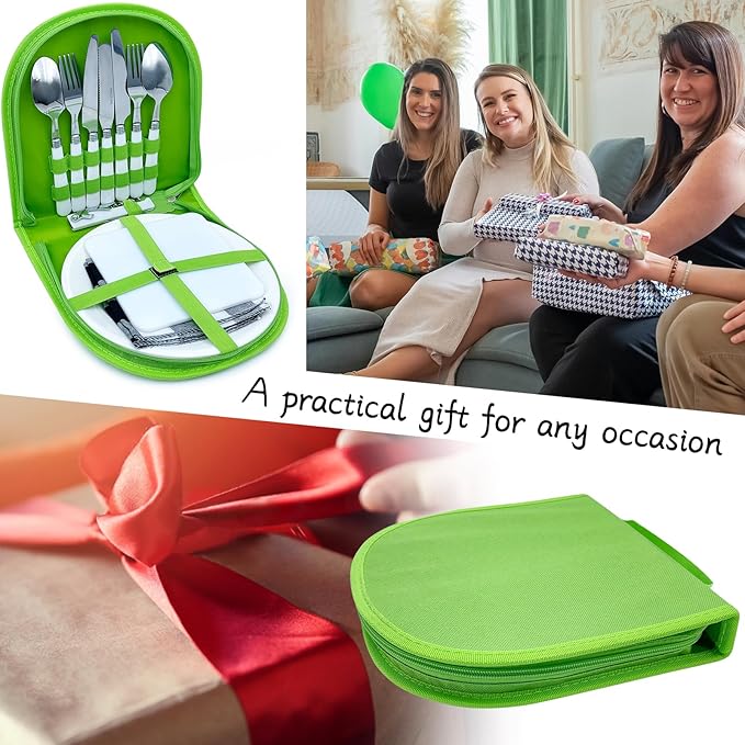 Portable Camping Silverware Utensil Set, 13 Pcs Picnic Mess Kit for 2 Person-Stainless Steel Serrated Knife Spoon Fork Wine Opener Plate Cutting Board Napkin, Camp BBQ Travel Set