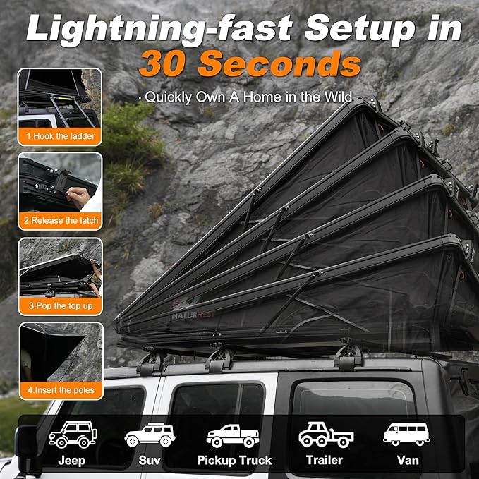 Naturnest Rooftop Tent Hard Shell, Easy Set Up Pop Up Tent for 2 Person Camping, Waterproof UV-Resistant Blackout Privacy 4 Season Tents for Truck, Jeep, SUV, Van, Trailer - Polaris Plus